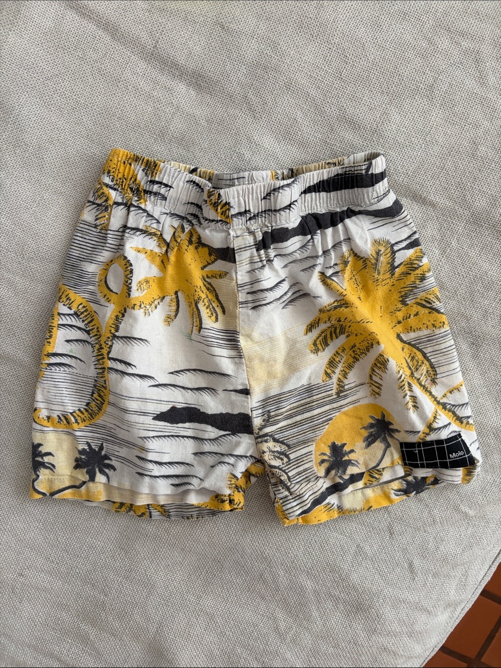 Molo Kids Tropical Palm Print Shorts in Yellow, Black & White